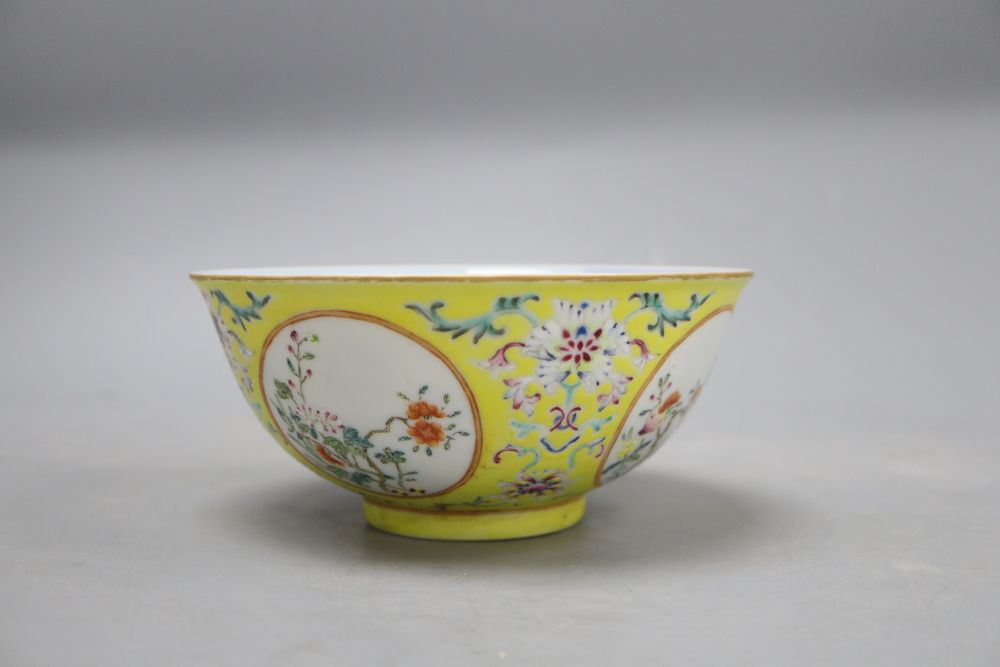 A Chinese yellow ground enamelled bowl, Daoguang mark, diameter 15cm